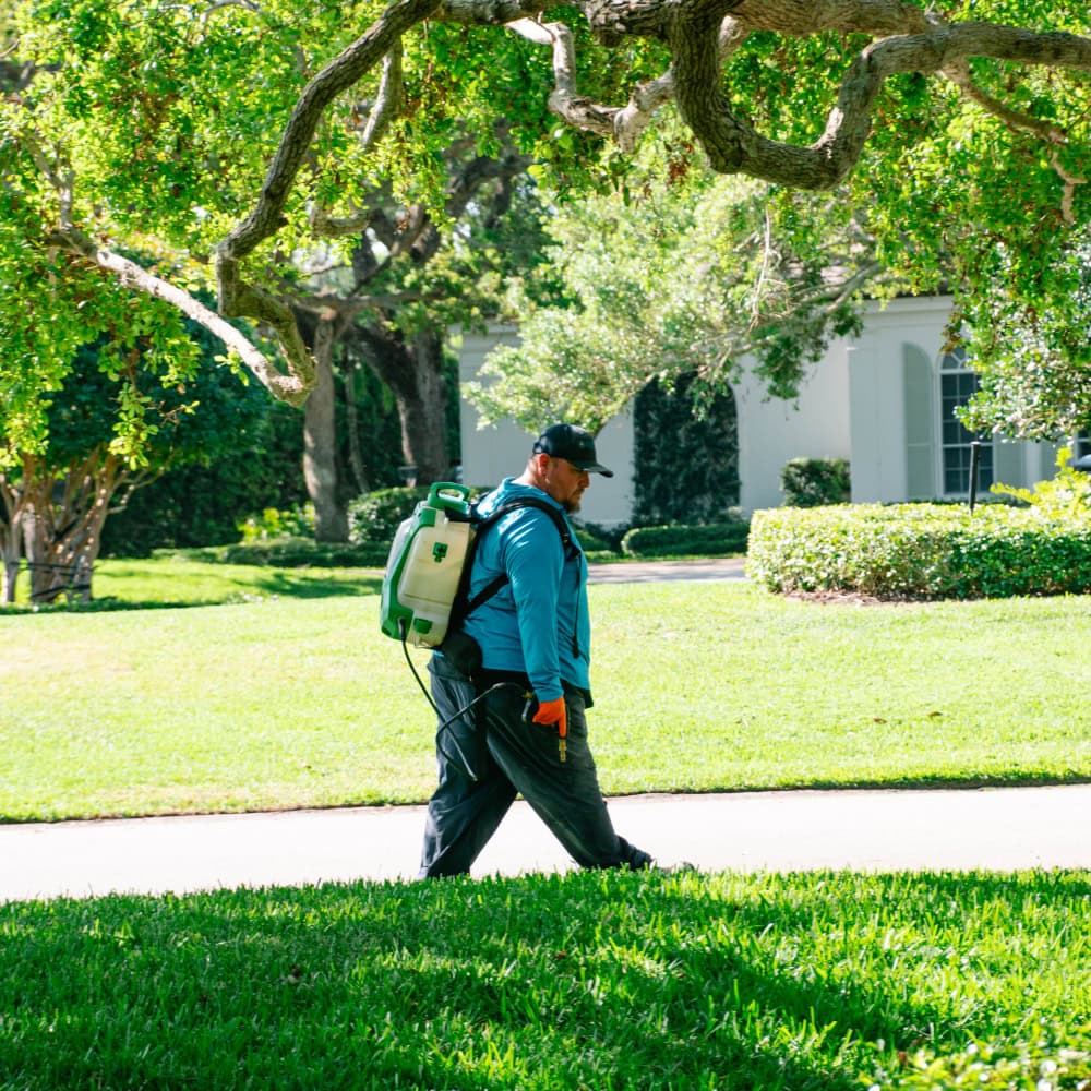 Pest control tech spraying lawn